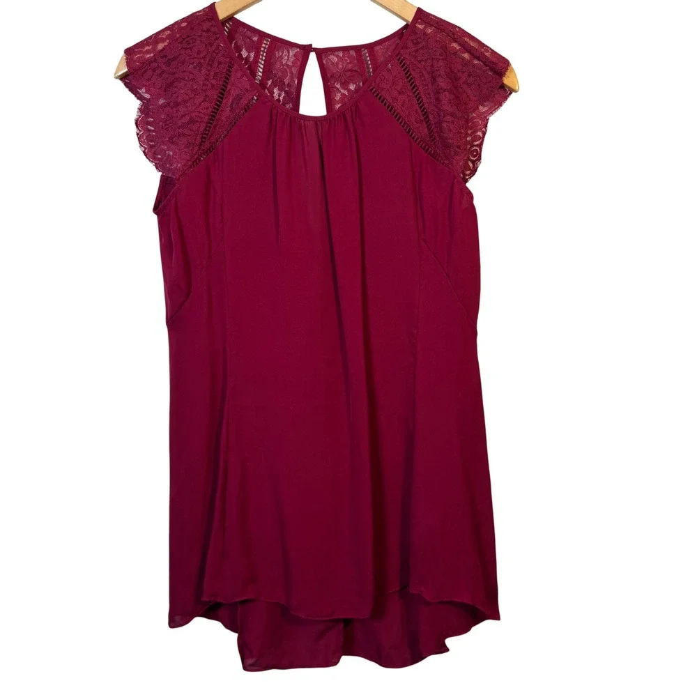 WHBM 100%‎ Silk Top XS Tunic Length Burgundy Delicate Lace Cap Sleeve Keyhole